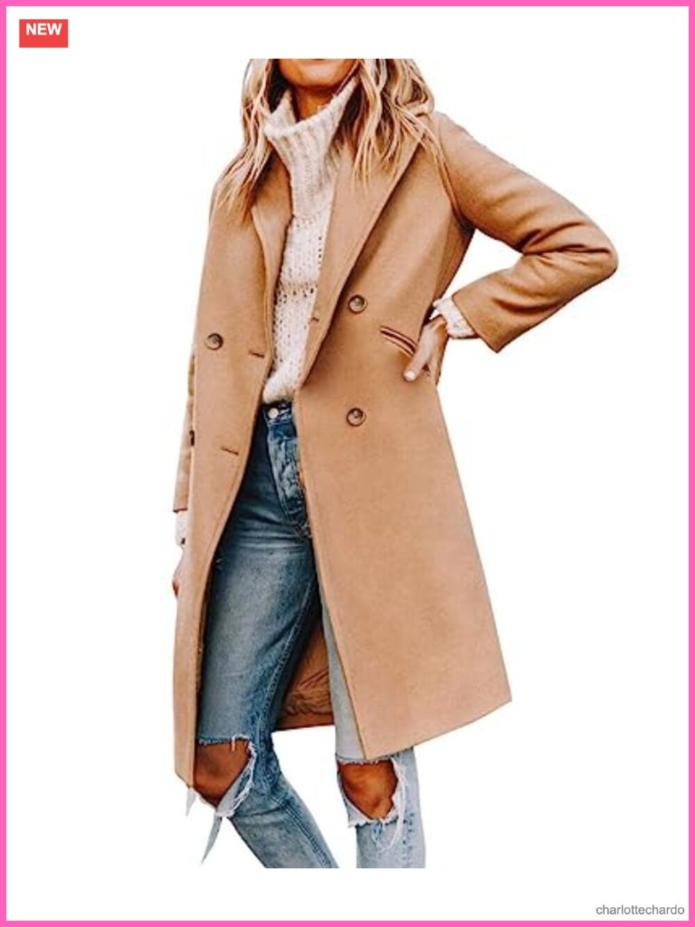 Womens Double Breasted Pea Coat Notch Lapel Winter Mid Length Overcoat
